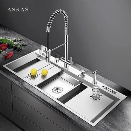 SUS 304 Stainless Steel Single Large Size Kitchen Sink Handmade Brushed 4mm Thickness 220mm Depth Cup Rinser Kitchen Sinks
