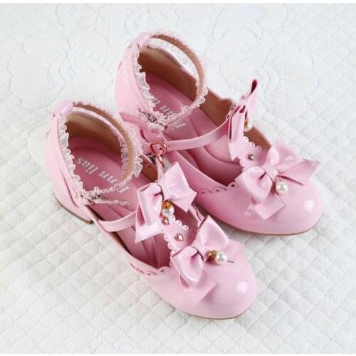 Pink Sweet Lolita Shoes Princess Pearl Lace Bowknot Cute Round Toe Platform Mid Heel College Women Sweet Girl Kawaii Goth Shoes