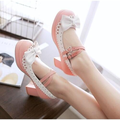 Sweet Lolita Shoes for Women Round Toe Ankle Strap Cosplay Shoes with Bowknot Female Japanese Shoes Lolita Cosplay Shoes