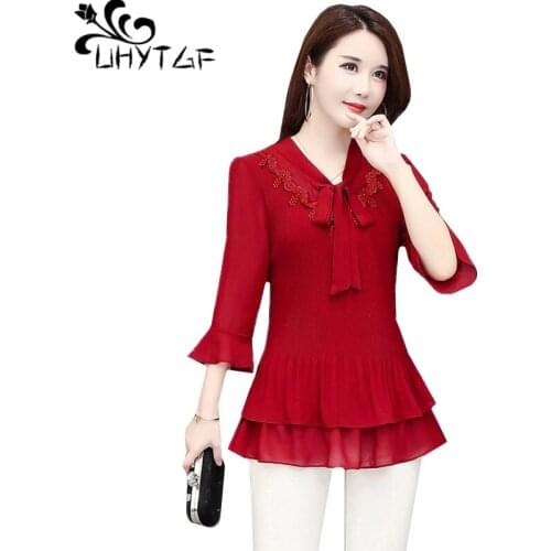 UHYTGF fashion chiffon shirt women O neck Folds loose 5XL plus size tops female temperament mom casual summer top t shirt 1018