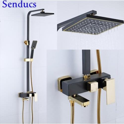 Black Gold Smart Thermostatic Digital Bathroom Shower System Wall Mounted Copper Bath Bidet Nozzle Square Knob Pvc Pressure