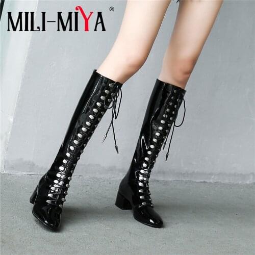 MILI-MIYA Sexy Design Women Knee-High Patent Leather Boots Lace-Up Rivets Solid Color Square Heels Round Toe Plus Size 34-43