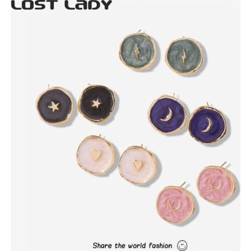 Lost Lady New Fashion Multicolor Enamel Round Stud Earrings For Women Moon Heart Alloy Earrings Wholesale Jewelry Party Gifts