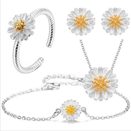 Trendy 925 Silver Necklace Rings Sets For Women Jewelry Girls Fashion Flower Silver Bracelets Female Earrings Accessories