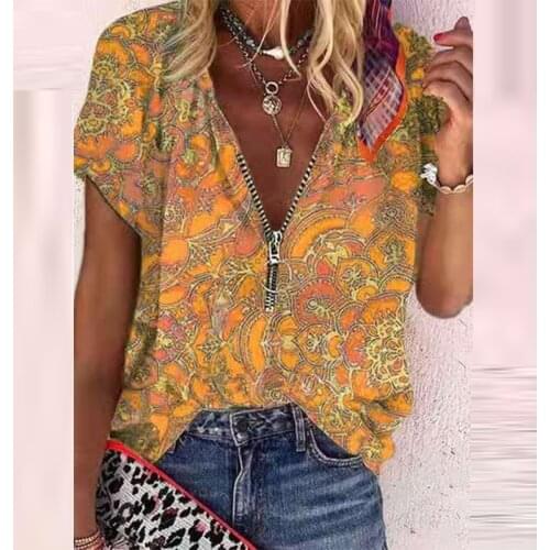 Women Loose Casual V-Neck Short Sleeves Plus Size Top Fashion Vintage Zipper Print Shirt Blouse Summer Clothes Pullover Рубашки