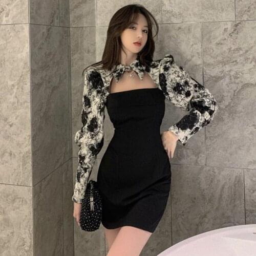 Lady Long Sleeve Hollow Out Party Slim Elegant Polo Collar Dresses Women Cool Gothic Fake-two-pieces Mini Dress 2021 Summer
