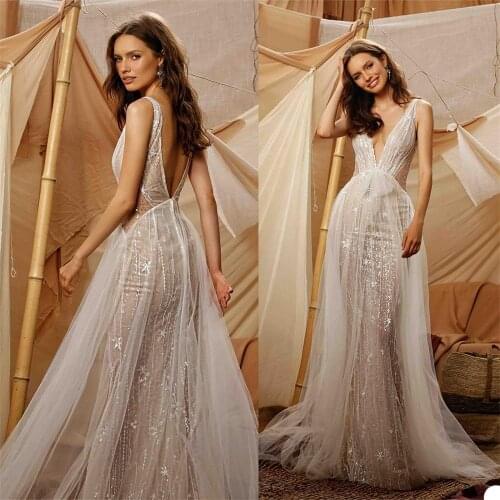 2021 Mermaid Backless Wedding Dresses Sexy Deep V Neck Beaded Appliqued Wedding Dress Bridal Gowns robes de mariée
