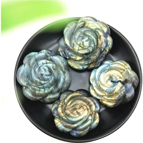 1PC Natural Labradorite Crystal Rose Flower Hand Carved Crystal Flowers Healing Stones Decor Natural Stones and Minerals