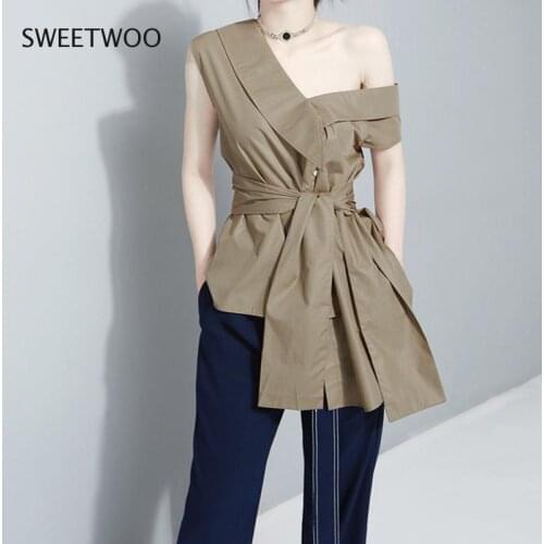 2021 Summer Womens Tops Shirt Fashion Retro Bandage Bow Irregular Slanted Shoulder Womens Shirts Plus Size Tops Womens Clothi