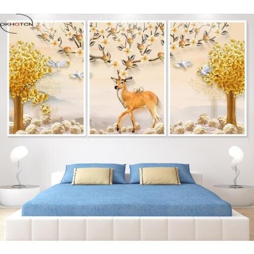 Unframed 3 Pieces/Set Flower Bird Golden Deer Paintings Prints Poster Modular Canvas Pictures Wall Art Home Decor