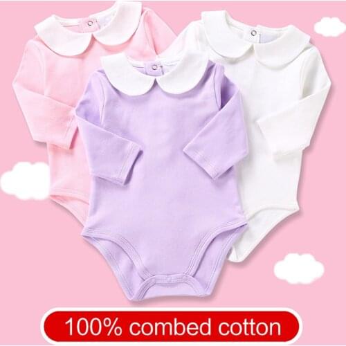 Newborn Baby Girl Spring Autumn Bodysuit Peter Pan Collar Long Sleeve Basic Jumpsuit Kid Solid Color Costumes White Shirt Outfit