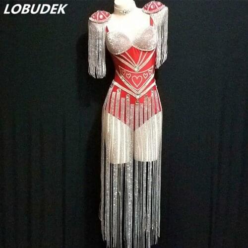 Red White Black Rhinestones Tassel Bodysuit Lady Leotard Stage Wear Bar Nightclub DJ Singer Dance Team Show Performance Costume