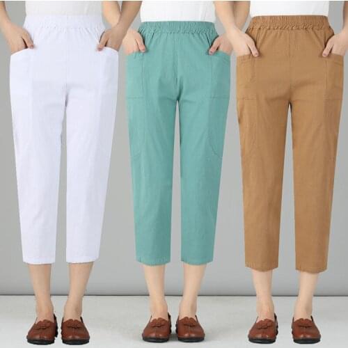 Middle Aged Womens Cotton Linen Pants 2021 Summer Thin Capris Loose High Waist Harem Pants Fashion Large Size Mom Casual Pants