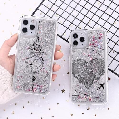 Global Travel Plane Love Phone Case Sequins Quicksand Phone Case For iPhone 12 11Pro Max XR XS Max X Dynamic Liquid Case For 11