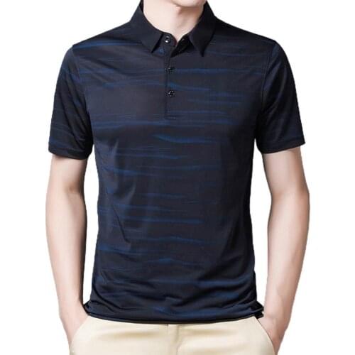 Men T-shirt Summer fashion Turn Down Collar Striped Summer Men Short Sleeve Thin Shirt Top for Work Mens Clothing