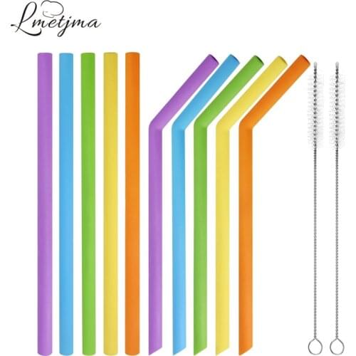 LMETJMA 10pcs/set Reusable Silicone Straws BPA Free Smoothie Drinking Straws Long Reusable Straws Set With Cleaning Brush KC0157