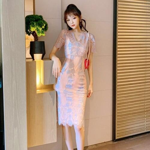 Fashion Vintage Korean Lace Short Sleeve Midi Party Dress Ladies Elegant Streetwear Casual Sweet Embroidery Female Split Dress