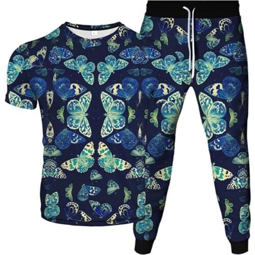 Men Women Fashion Tracksuit Gold Blue Animal Butterful 3D Printing Clothes T-Shirt+Jogger Pants 2pcs Sets Plus Size S-6XL Suits