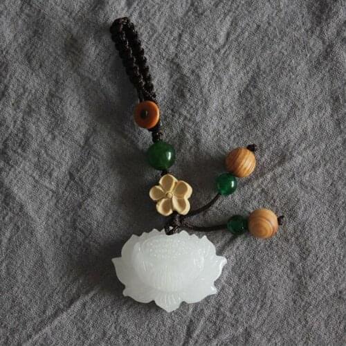 Natural White J ade Carved Lotus Flower Pendant KeyChain Bag Car Key Holder Hangings Ornaments Handmade Woven Rope Key Rings