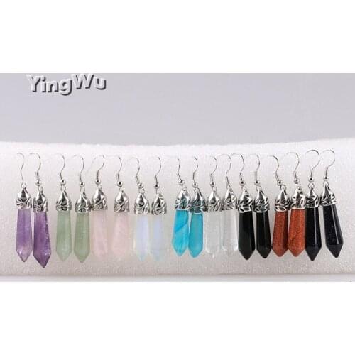 Yingwu Hexagon Gem Stone Dangle Hook Earring Healing Raw Onyx Quartz Lazuli Tiger Eye Rhodonite Peacock Stone Women Jewelry