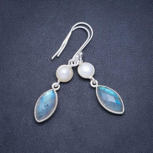 Natural Blue Fire Labradorite and River Pearl Handmade Unique 925 Sterling Silver Earrings 1.75" A0910