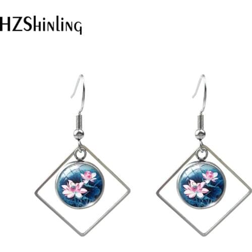 2020 New Lotus flower Hook Earring Oil Painting Rhombic Earring Glass Dome Picture Jewelry Stainless steel Earrings Gifts Girls