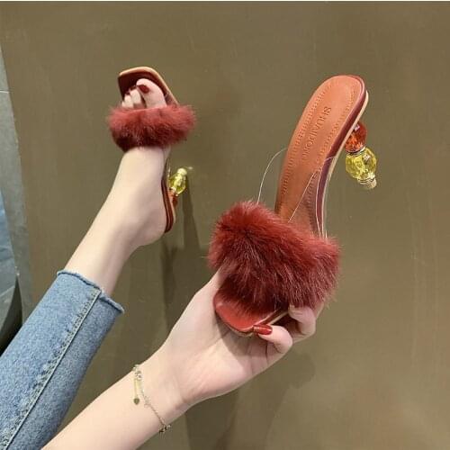 Summer Women Shoes Woman Slides Transparent Perspex Crystal High Heels Fur Peep Toe Mules Slippers Ladies Slides Shoes Plus Size