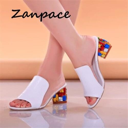 Zanpace Fashion Women Slippers Med Heel Large Size 41 Womens Shoes Open Toe High Crystal Slides Thick Sandals Slippers Women