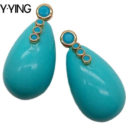 Y·YING Blue Teardrop Sea Shell pearl Cubic Zirconia Pave Stud Earrings cute style for women