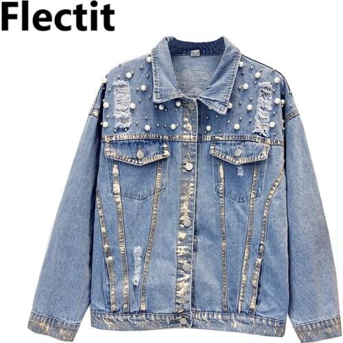 Flectit Women Denim Jacket with Pearl Rivet Vintage Wash Loose-fit Distressed Trucker Jackets Ladies Outerwear & Jeans Coats