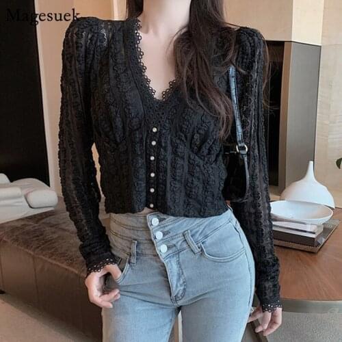 Autumn V-neck Long Sleeve Top Koresn Sweet Short Lace White Shirt Women Casual Vintage Elegant Women Blouses Blusas Mujer 11841