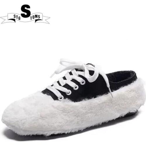 Women Fashion Flat Shoes Retro Hairy Scoop Shoes Cheap Casual Ladies WinteWarm Shoes 2018 New Outdoor Sport Sneakers for Walking
