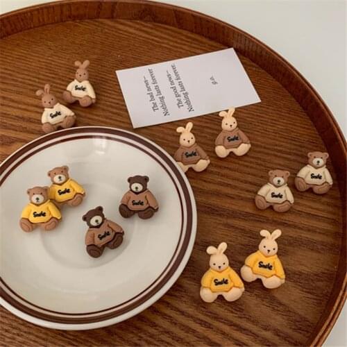 AOMU S925 Romantic Brown Beige Resin Cartoon Bear Bunny Earrings Sweet Cute Irregular Animal Stud Earrings for Women Jewelry