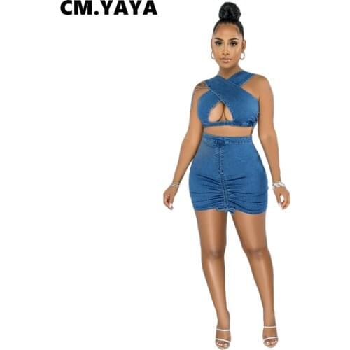 CM.YAYA Women Print Set Solid Sleeveless Cut Out Crop Tops Shirring Mini Skirts Two 2 Piece Sets Sexy Fashion Outfits Summer