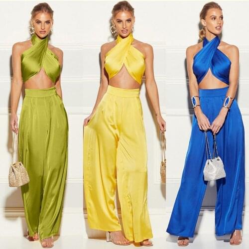 Ladies Solid Color Woven Strapless Wide Leg Pants Suit Backless Jumpsuit Two-Piece Set Women Tank Tops +Long Trousers Sets