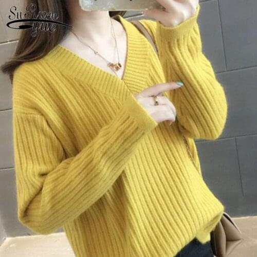 V-neck Women Sweater Cotton Solid Long Sleeve Sweater Women 2021 Autumn Winter Korean Loose Knit Pullover Office Lady 10324