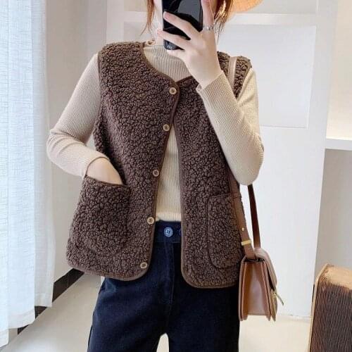 Womens Vest Jacket Lamb Wool Top Winter Solid Color Round Neck Cardigan Short I-shaped Loose Casual Females Jacket Coat