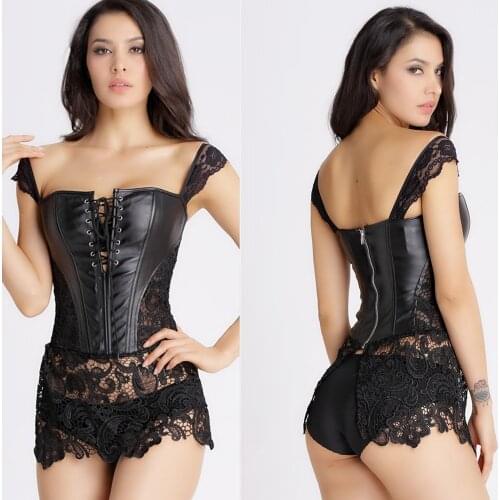 Sexy Lingerie Women Black Faux Leather Lace Burlesque Steampunk Corset Dress Gothic Clothing 6XL Bustier Overbust Corsets Corpet