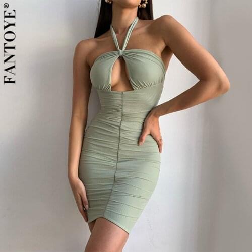FANTOYE 2021 Summer Sleeveless Hollow Slim Mini Dress Women Halter Skinny Bodycon Skirt Ladies Ruched Sexy Dresses Party Vestido