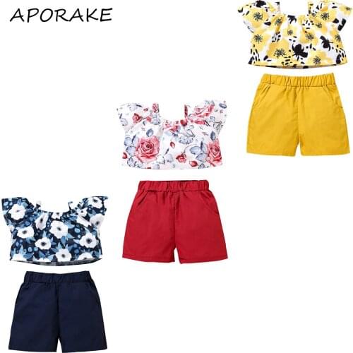 2021 0-3Y Kids Girl Summer Clothing Floral Print Tops Ruffle Off Shoulder Short Sleeve Shirt+Solid Side Pockets Pants 2pcs Set