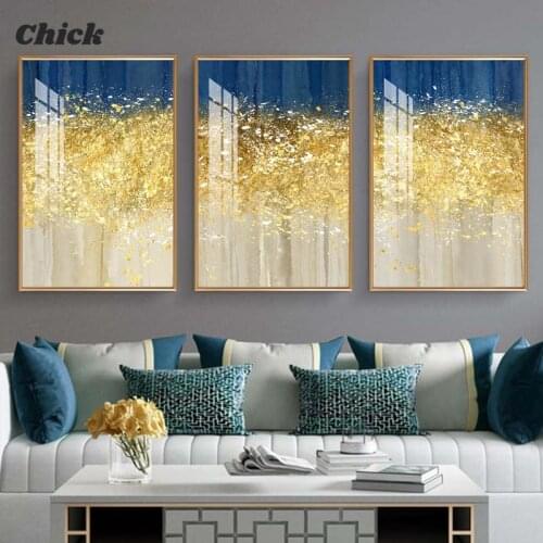 Abstract Gold Foil Canvas Painting Blue Style Poster and Print Modern Minimalist Wall Art Pictures for Living Room Home Decor