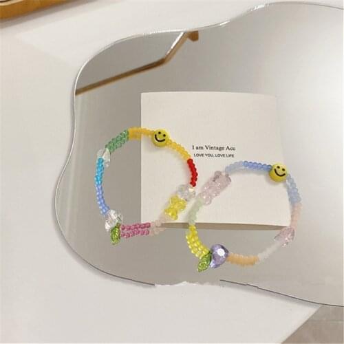 AOMU 2021 Romantic Sweet Colorful Transparent Smiley Leaf Beaded Bracelet Chic Smooth Reflective Short Bracelet for Women Gifts