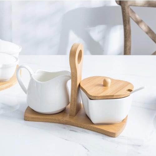 Pure white ceramic sugar pot milk set bamboo handle with spoon spices storage box seasoning glass