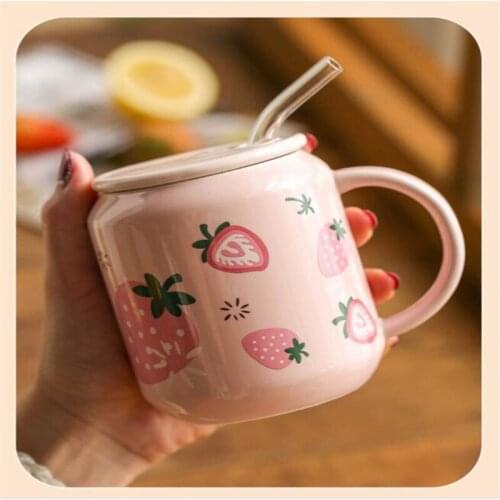 400ml Childrens Cup Home Office Strawberry Milk Tea Mug with Lid Ceramic Water Cup Lovely Fruit Travel Summer Straw Coffee Cup