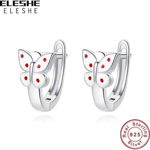 ELESHE Wholesale 100% 925 Sterling Silver with White Enamel Butterfly Hoop Earring For Women 925 Silver Circle Earrings Jewelry