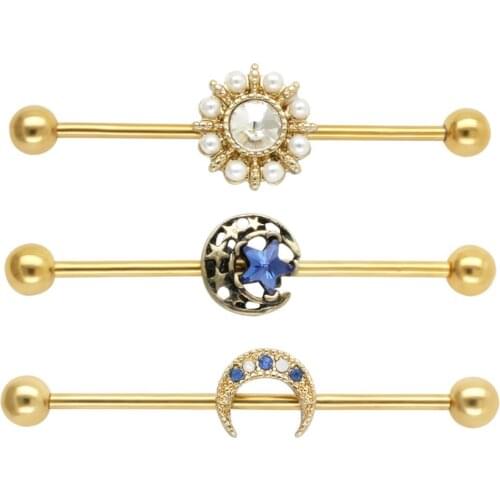 JHJT 14G Surgical Steel Industrial Barbell Helix Tragus Stud Cartilage Earrings Moon Star Sun Women Piercings