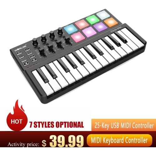 WORLDE 25 Keys Midi Keyboard Controller 25-Key USB MIDI Controller Keyboard 8 RGB Backlit Trigger Pads with 6.35mm Pedal Jack