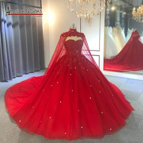 Robe de mariee 2019 red wedding dress with cape wedding party dress full beading