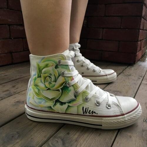 Wen Original Hand Painted Shoes Design Custom Succulent Plant White High Top Men Womens Canvas Sneakers for Gifts