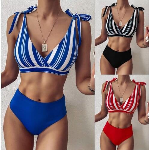 Striped Lace Up High Waist Bikini Sets Split Swimsuit Women Swimwear Two-piece Bathing Suit Beachwear Swimming Suit